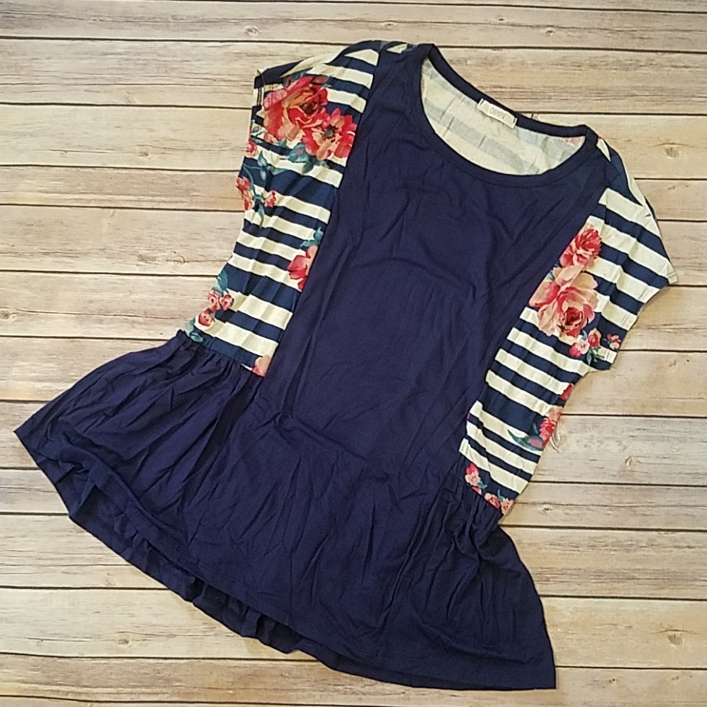 Stripes and Vintage Roses Ruffle Tee